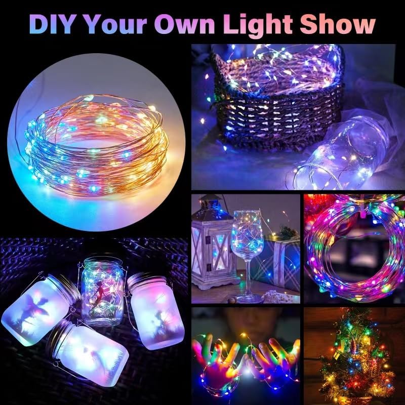 Miniatura 7 de Paquete de 4 luces de hadas multicolor alimentadas por pilas, 20 pies, 60 LED, impermeable, luz intermitente, alambre de cobre plateado con