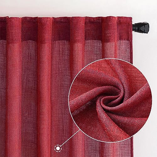 MIULEE Burgundy Red Linen Curtains 90 Inch Long for Bedroom Living Room, Soft Thick Linen Textured Window Drapes Semi Sheer Light Filtering Rod Pocket Back Tab Christmas Burlap Look, 2 Panels