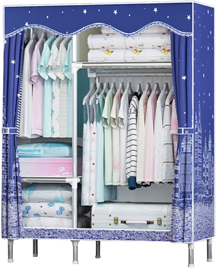 Wardrobe Closet Portable, Steel Pipe Clothes Closet with Hanging Rack Wardrobe Storage Extra Strong & Durable Freestanding Garment Organizer,Blue_42x68x18in