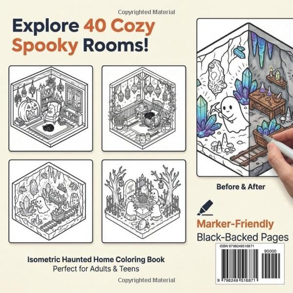 Bold and Easy Cozy Spooky Coloring Book: 40 Isometric Tiny Haunted Rooms and Witchy Spaces: Cute Ghost Aesthetic Designs for Adults with Black-Backed Pages to Prevent Bleed-Through image 3