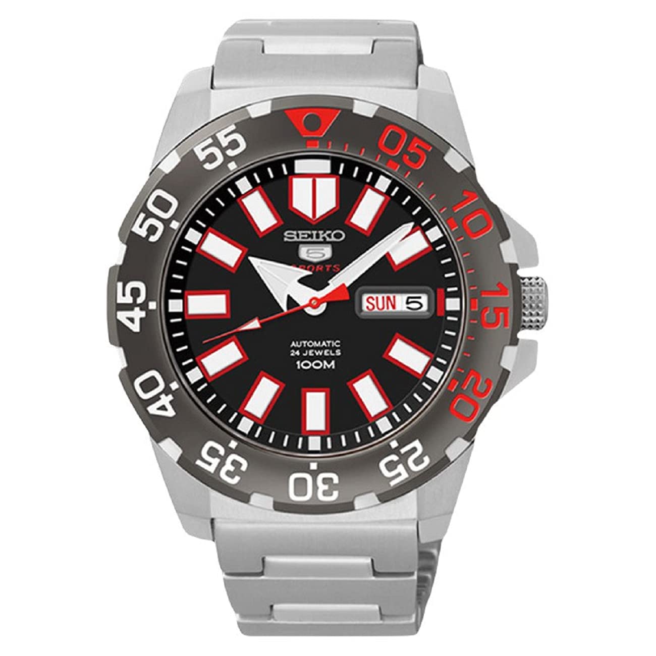 Seiko Men 5 Sports Monster Automatic Black Dial Stainless Steel Mens Watch SRP487, Silver