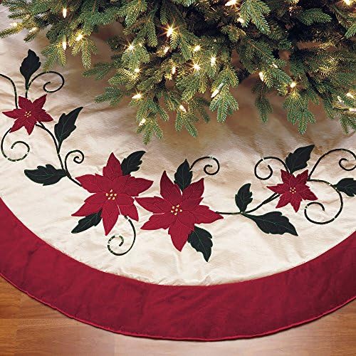 Red and Gold Poinsettia Adjustable 66" to 60" Christmas Tree Skirt