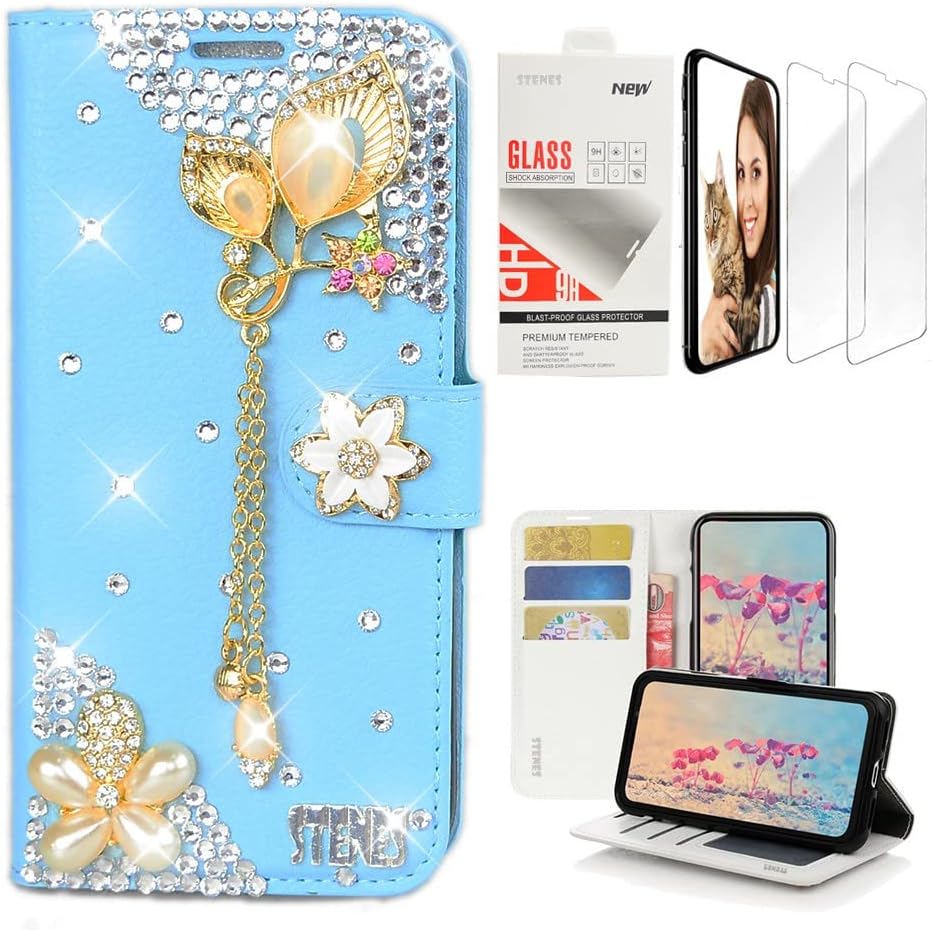 STENES Bling Wallet Phone Case Compatible with LG Stylo 6 - Stylish - 3D Handmade Clover Crown Flowers Design Leather Cover with Screen Protector [2 Pack] - Purple