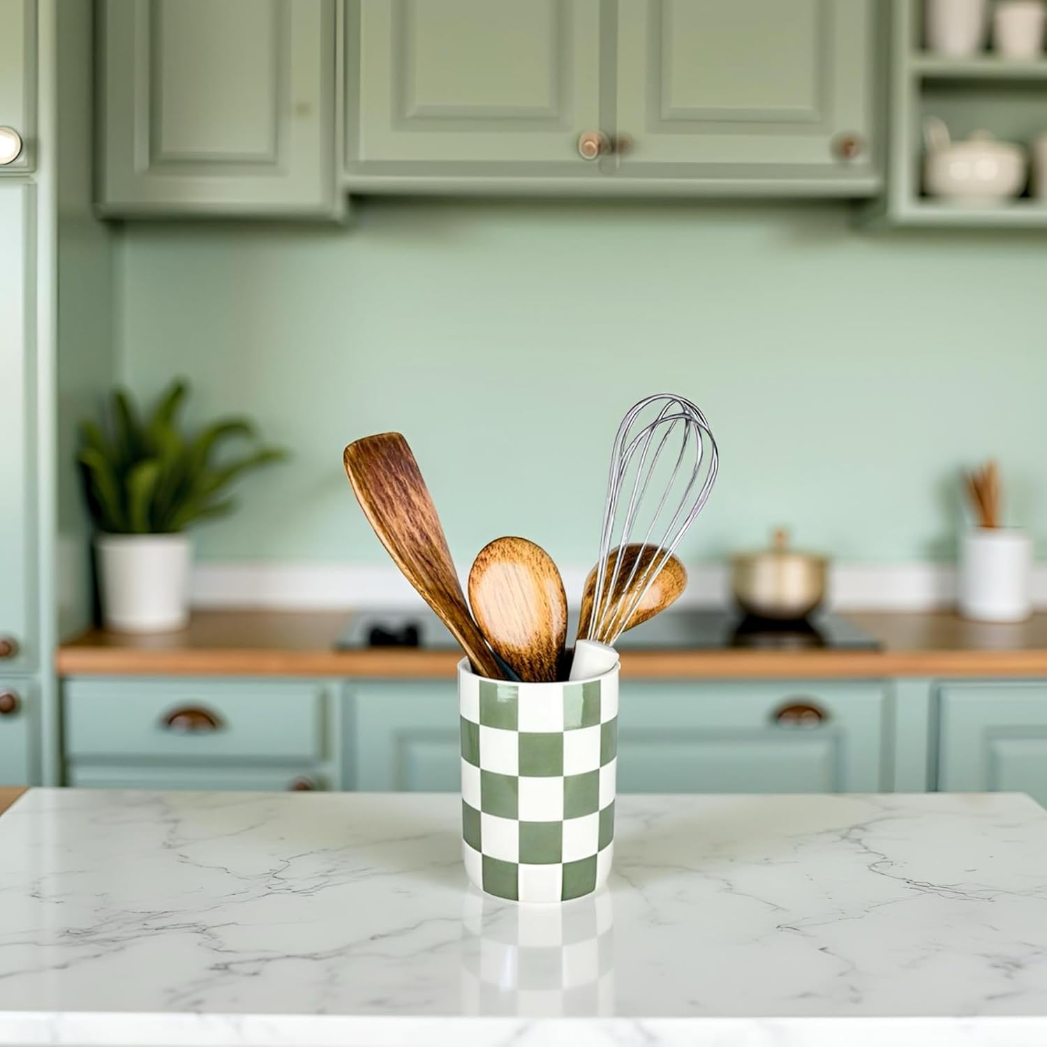 Checkered Utensil Holder, 4.13''x5.71" Utensils Caddy for Kitchen Counter, Medium Size Utensil Crock for Countertop, Utensils Organizer Storage for Parties Dining-Modern Sage Green and White