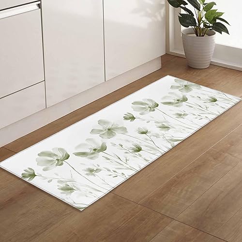 Sage Green Flowers Bathroom Runner Rug Bathmat Soft Bath Shower Bathtub Kitchen Door Mat,Watercolor Retro White Floral Leaves Washable Floor Doormat
