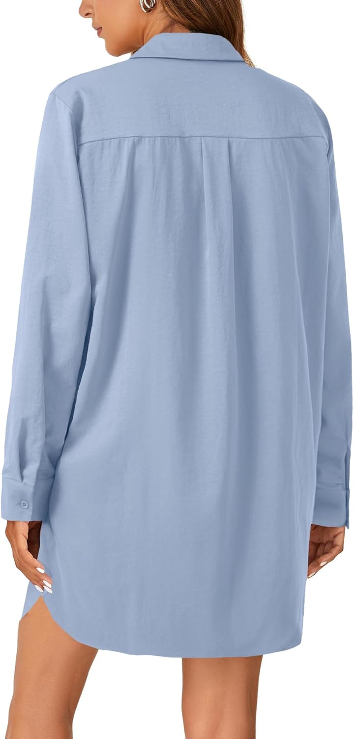 LYANER Women's Button Down Shirt Dresses Collared V Neck Long Sleeve Slit Mini Dress - Image 5