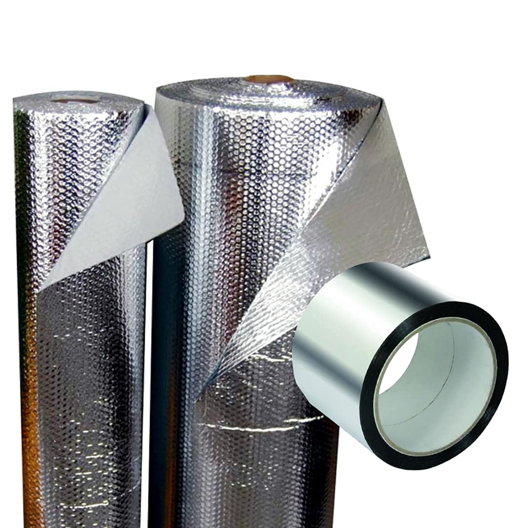 Aislante térmico reflexivo 100% aluminio y burbujas - Rollo 30m² (25 x 1,20) + Cinta Aluminio (45m). Para calor y frío: Viviendas, Caravanas, radiadores, buhardillas, trasteros, garajes