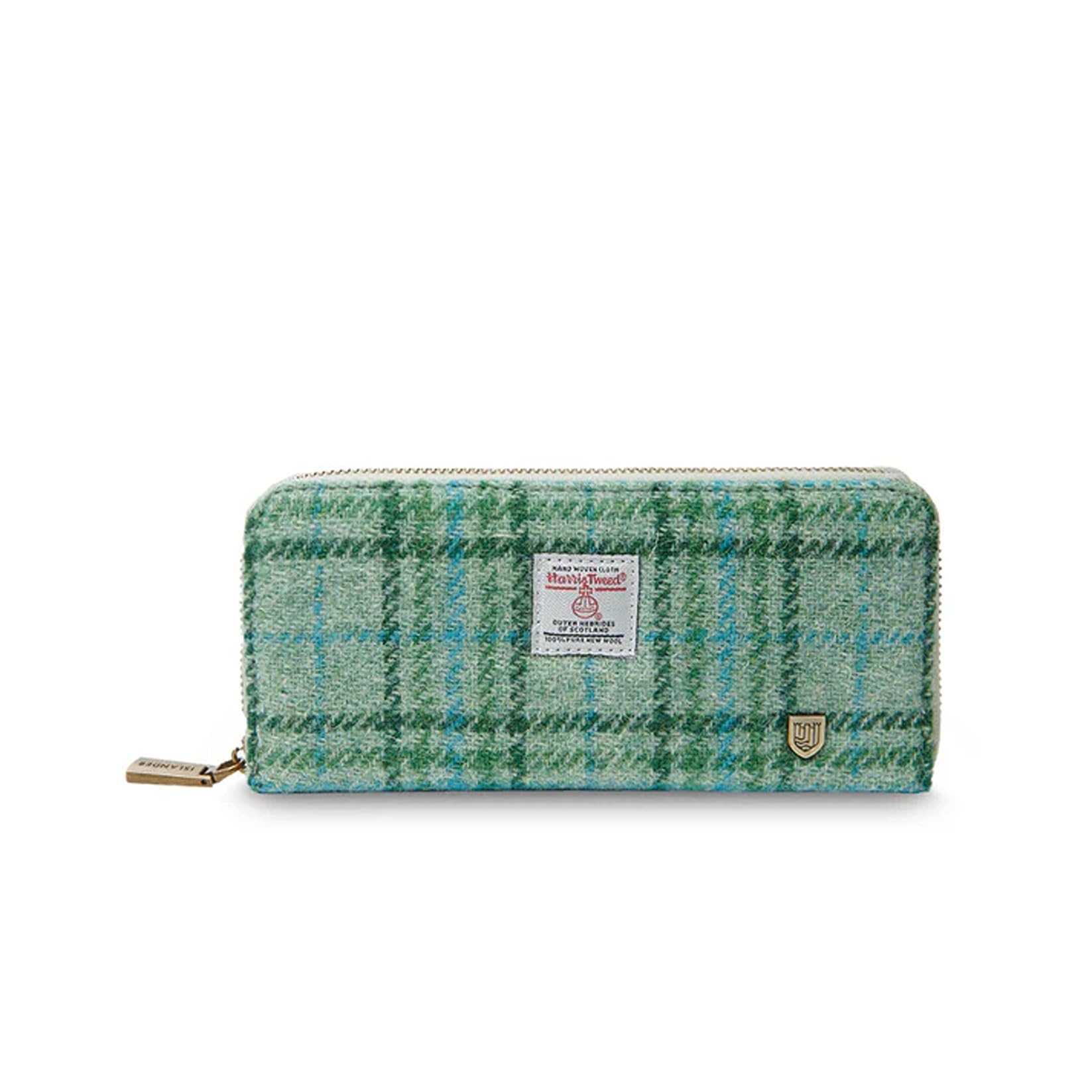 Islander HarrisTweed &amp; PU Leather women’s long zip purse, Carry Cash &amp; card, Scottish Style, Mint Tartan