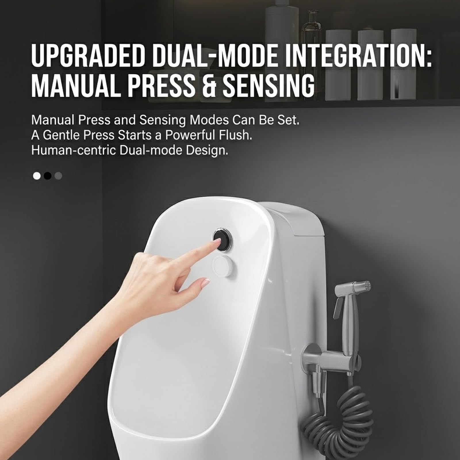 Urinario de Pared de Cerámica con Pistola, Sensor Descarga Doble Modo | Pistola de alta presión. Descarga automática. Tapón antiolor. Esmalte autolimpiable(Black,Sensor)