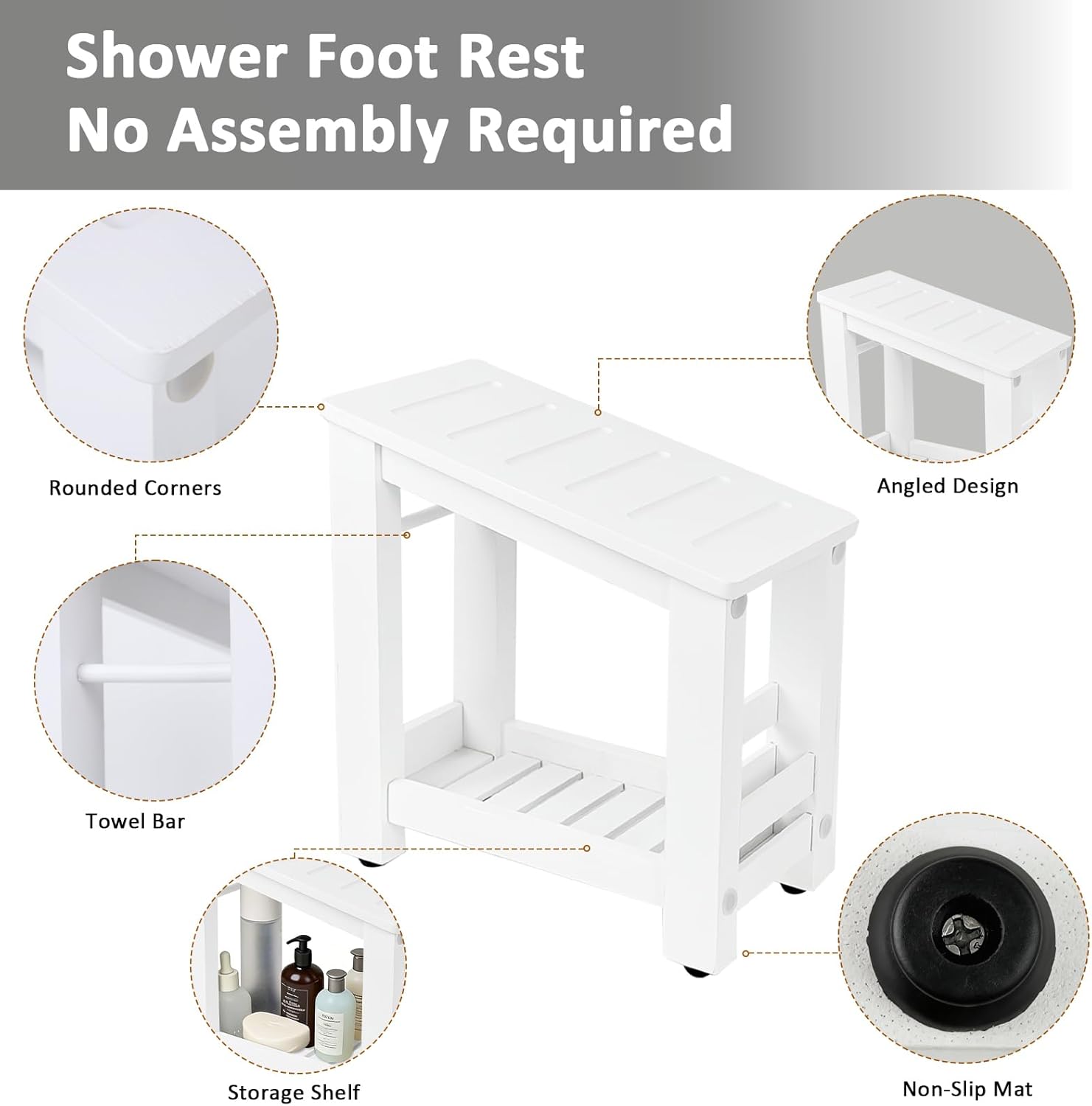 Bamboo Shower Foot Rest Stool for Shaving Legs & Pedicure, Non-Slip Bathroom Foot Step with Storage Pocket, Solid & Water-Resistant,Natural (White)