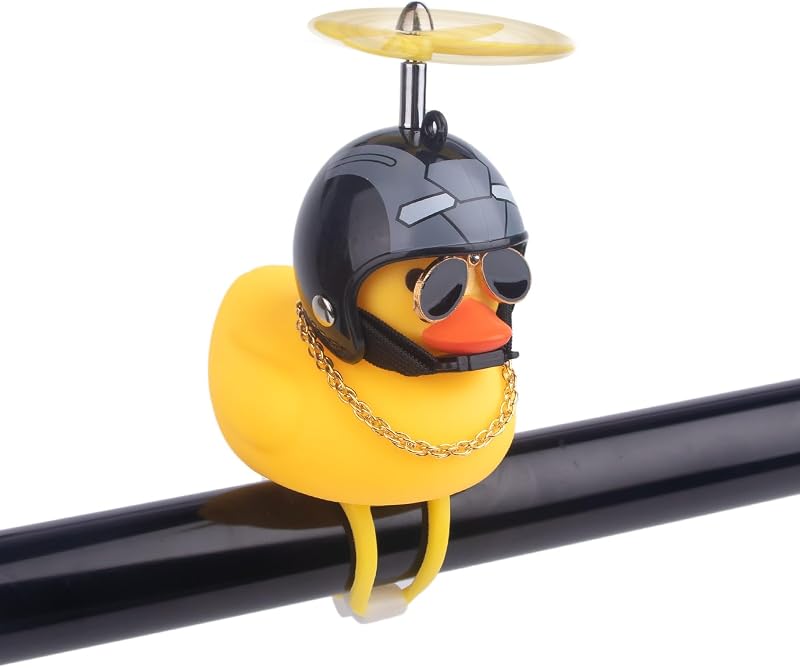 x xotic tech Rubber Duck Bike Bell Decoration, Cute Yellow Squeeze Duck Bicycle Accessories w/Propeller Helmet for Car Dashboard Motorcycle Scooter Handlebar Horn Toy Sport(Black Iron)