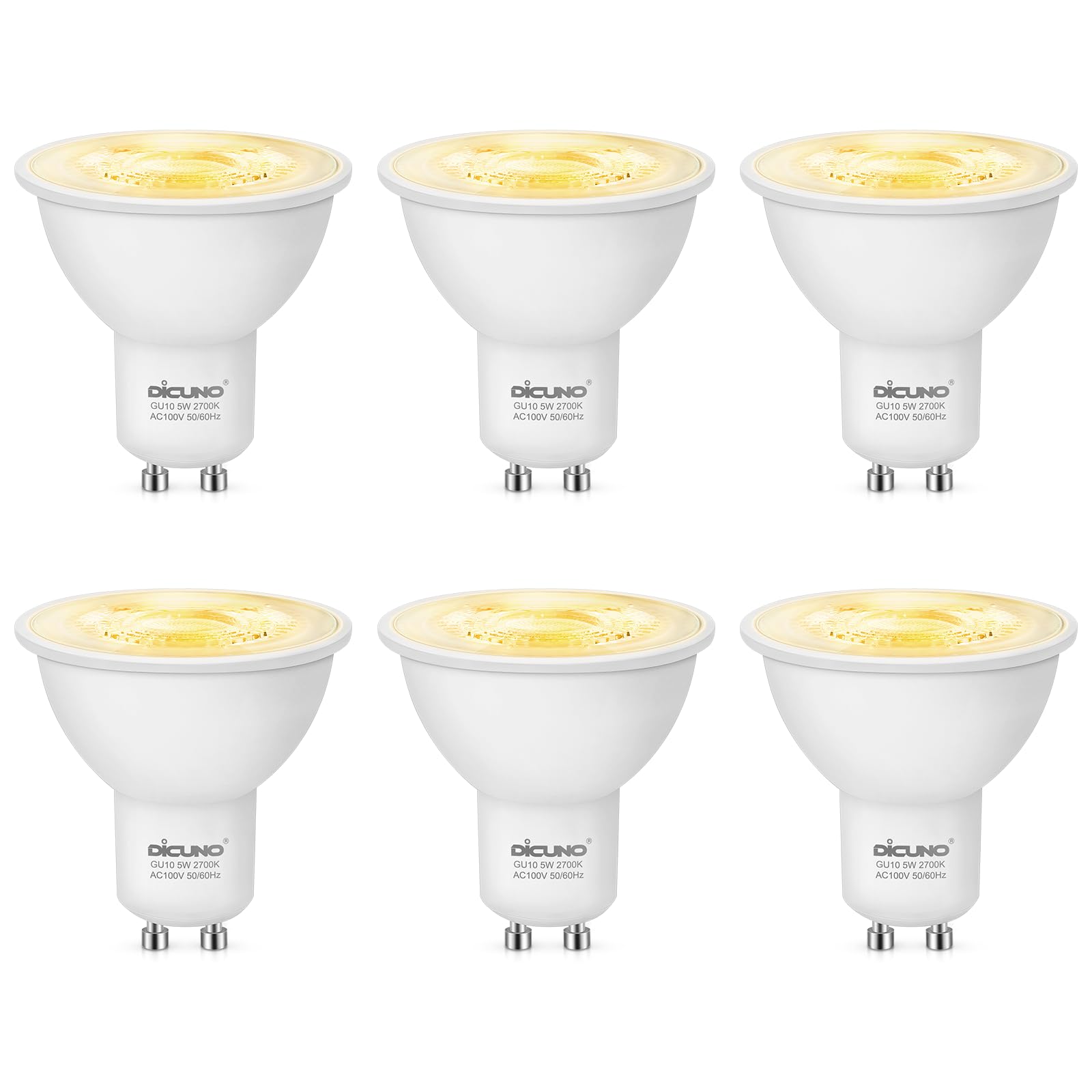 DiCUNO LED電球 GU10口金 電球色 50W形ハロゲン相当 5W LEDスポットライト 500lm 2700K 広角 高輝度 省エネ AC100V 調光器非対応 6個入