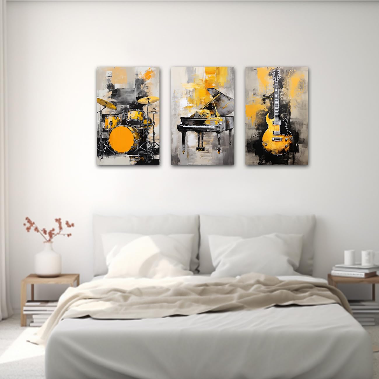 CXHOSTENT Musik Leinwand Wandbilder 3 Panel Klavier Gitarre Regal Trommel Kunstdrucke gelbe und graue Musik Poster abstrakte Musikinstrument Bilder (Music, 40.00 x 60.00 cms x 3PCS)