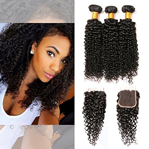 Brazilian Kinky Curly Bleach Knots Closure Free Part With 3 Bundles Unprocessed Virgin Human Hair Bundle Wet And Wavy Double Weft Next Day Delivery Curly Hair Weave On Sale 1b（18 20 22 +14Closure）