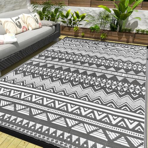 Outdoor Rug 8x10 Patio Waterproof,Outdoor Carpet for Patio,Outdoor Plastic Straw Rug Tightly Woven Boho Striped Outside Mat for Backyard,Picnic,Balcony,Stain Resistant,Reversible Dark Gray Camping Rug