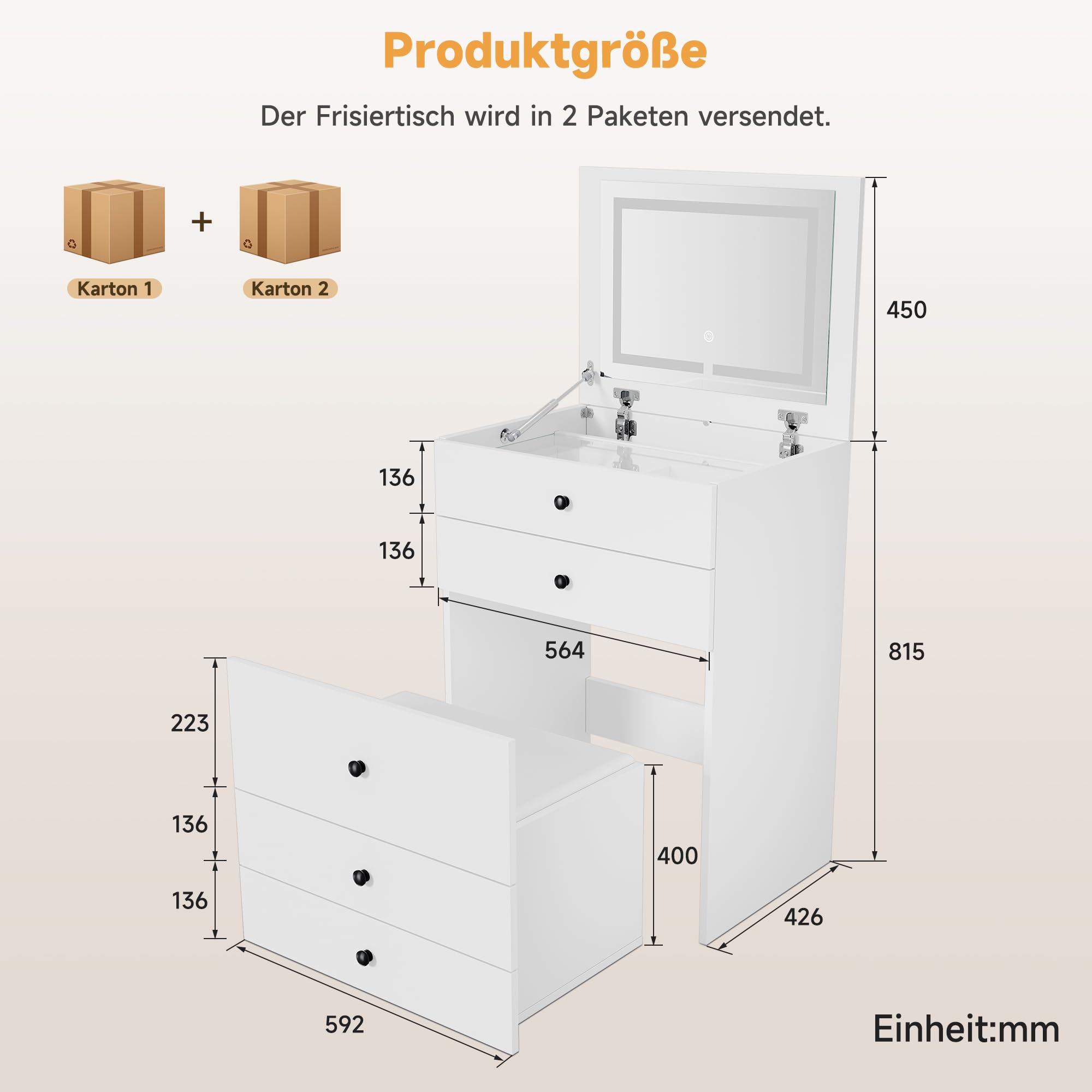 SONNI Schminktisch 3 in 1 mit Klappspiegel 4 Schubladen LED Weiß 60x45x83cm | Frisiertisch mit Sichtbarer Glasplatte, Hocker mit 4 Universalrollen, Kosmetiktisch für Schlafzimmer, Wohnung, Loft, Wohnheim