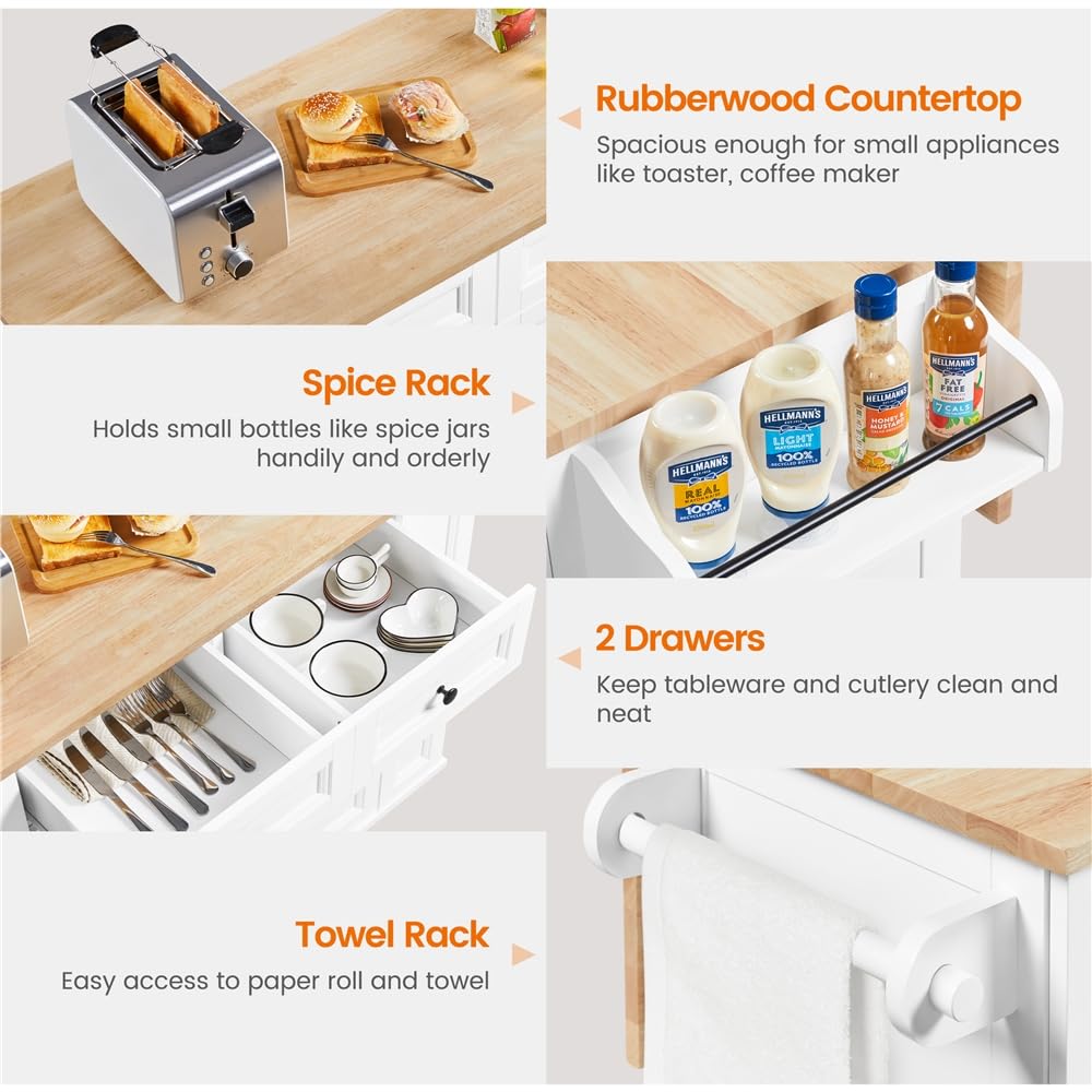 Yaheetech Carrello da Cucina con Ruote e Piano di Lavoro Pieghevole Credenza Salvaspazio per Microonde con Cassetti per Cucina o Sala da Pranzo 132,5 x 91,5 x 76 cm Bianco