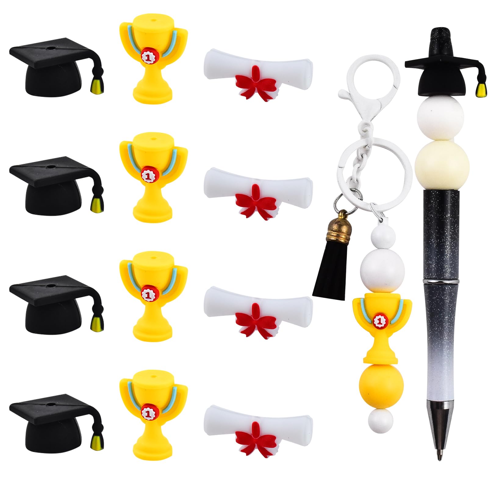 WOZADU 3D Graduation Theme Silicone Beads for Keychain Making, 12 PCS Silicone Focal Beads for Pen, Silicone Loose Beads for Bracelet Necklace Lanyard Jewelry and Handmade Crafts Making — image 1