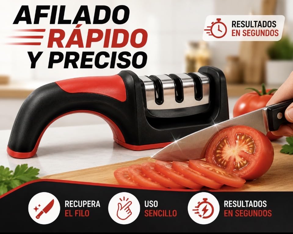 Afilador de Cuchillos Profesional 3 Etapas con Tungsteno y Cerámica, Afilado Rápido y Seguro, Base Antideslizante, Mango Ergonómico para Cocina.