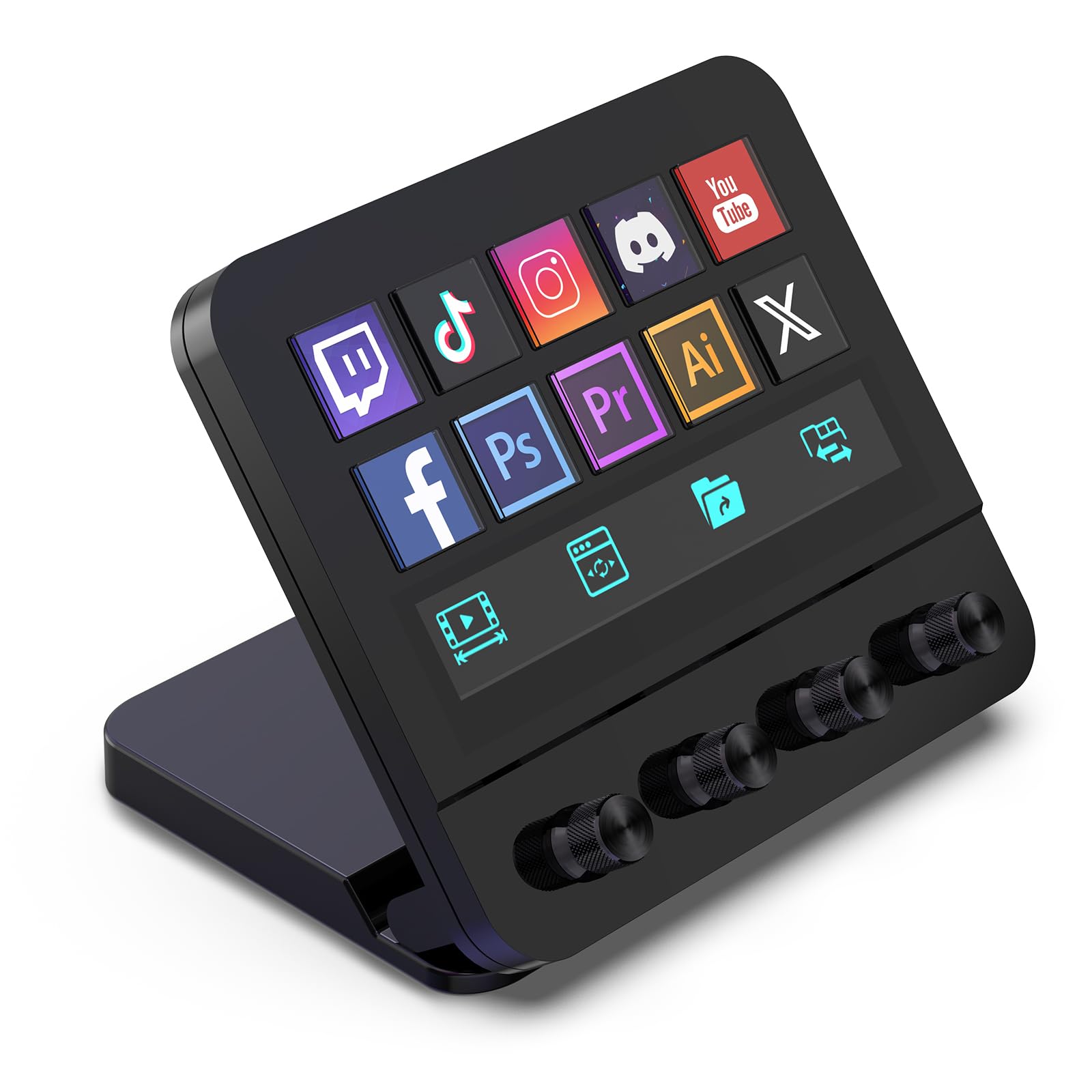 Stream Control Deck, Studio Controller, 10 anpassbaren LCD-Makrotasten, 4 Drehreglern Knöpfe, Mit Touchscreen und USB-Erweiterung, kompatibel mit Mac und PC