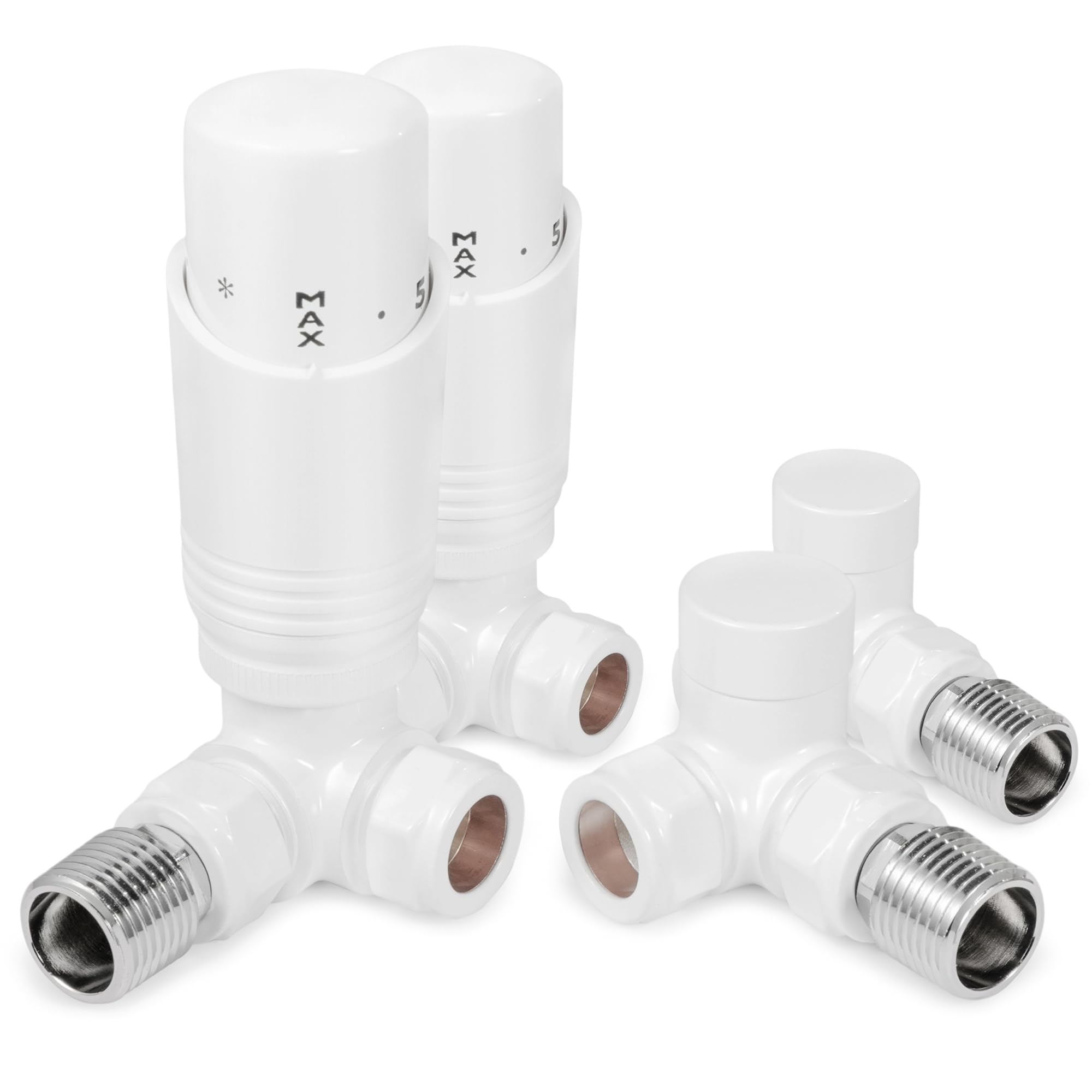 VANCOCO 2 Pack Glossy White Thermostatic Radiator Valves 15mm (TRV) with Lockshield, 1/2"ร15mm Corner Radiator Thermostat Valve, H62 Brass, Energy Saving Modern TRV for Central Heating Syetem