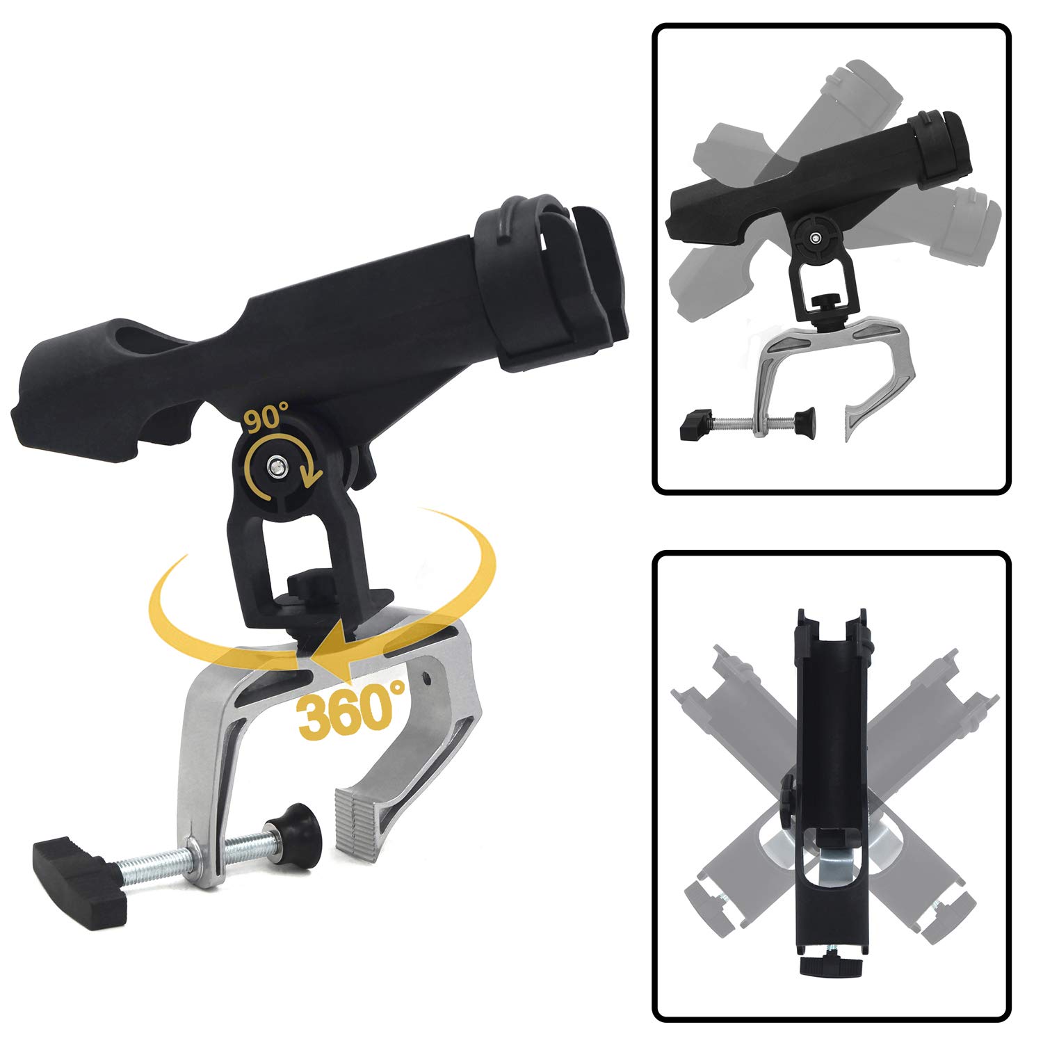 HTTMT- 360 Degree Rotating Adjustable Angle Direction Raft Boat Fishing Rod Pole Stand Bracket Mount Holder Rest Rack Rod Holder [P/N: ET-FISHING-RH20-BK+SR]