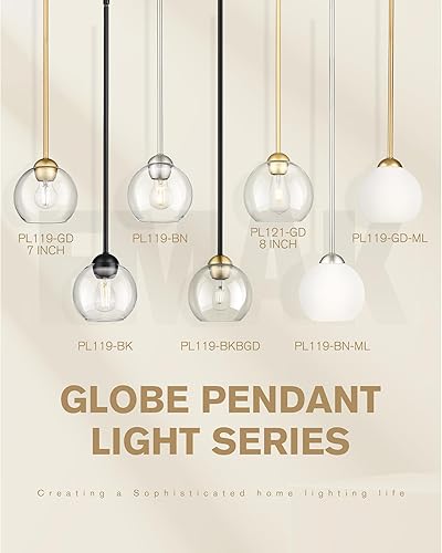 Miniatura 8 de Emak Modernas lámparas colgantes doradas, luces colgantes de globo de 7 pulgadas con vidrio transparente, 1 luz colgante para isla de cocina, baño,