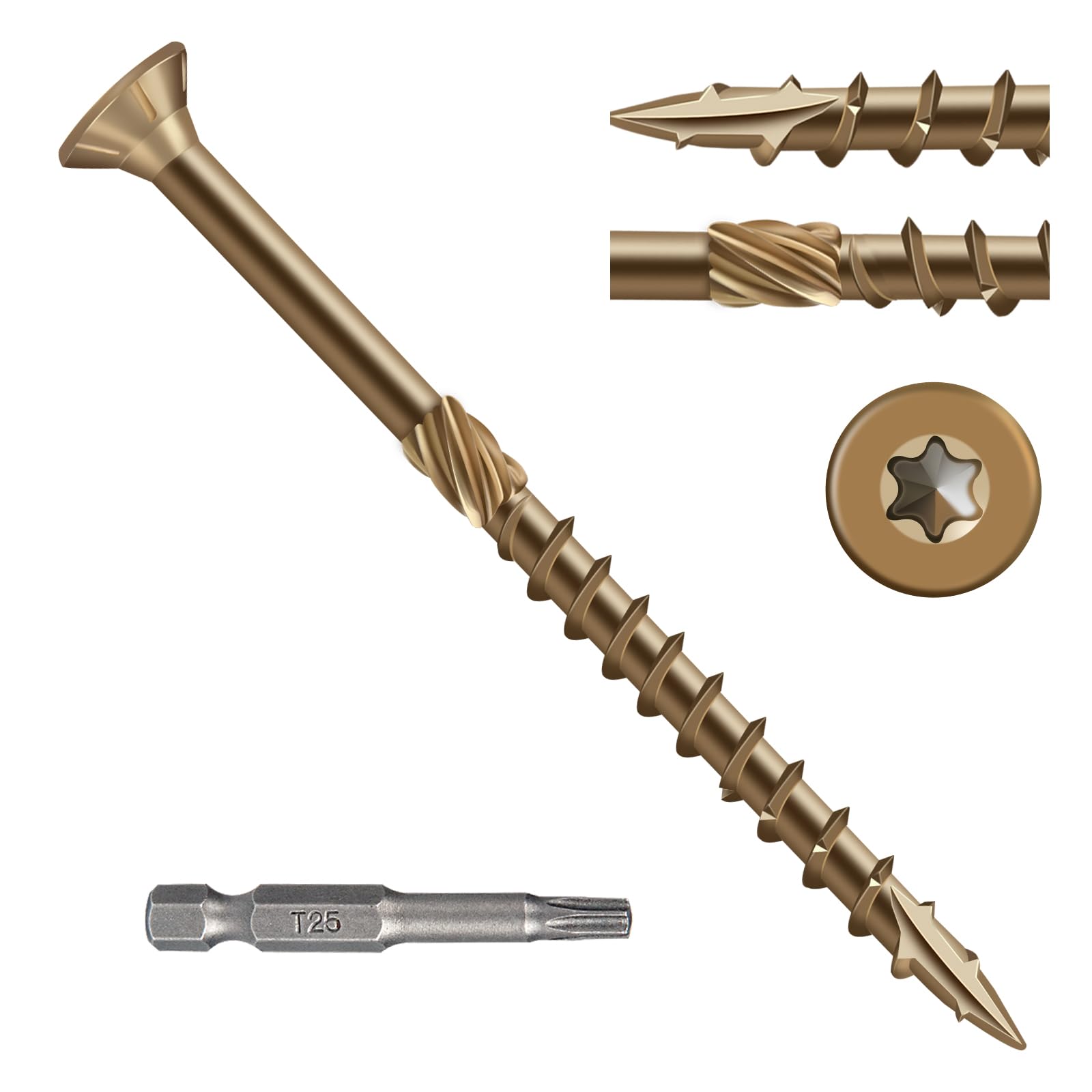 Deck Screws 3 Inch, Wood Screws #10×3, Golden Brown Rust Resistant Epoxy Coated, Outdoor Decking Screws, Torx/Star Drive Head Exterior Deck Screw, T25 Star Bit Included（1 lbs, 55 Pcs）