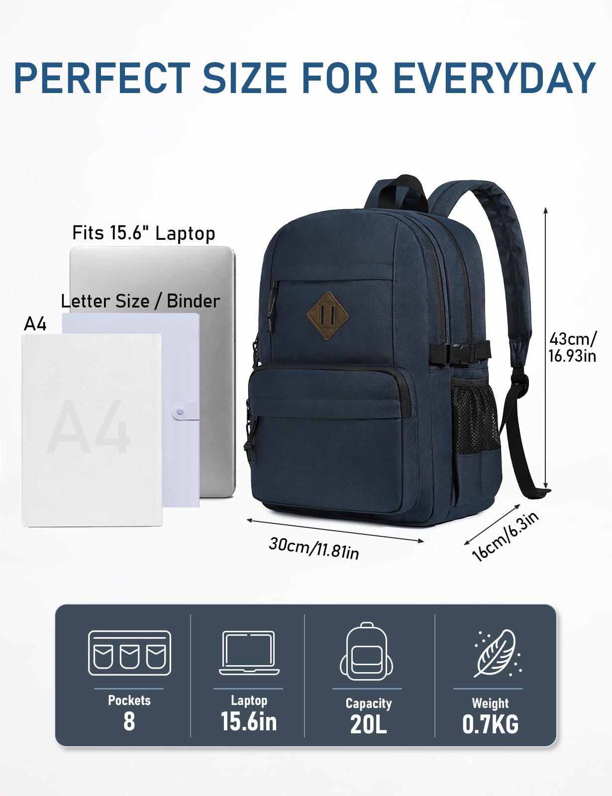 Sac à Dos College, Grand Sac a Dos École Garçon Fille 2 Compartiments 15,6 Pouces Ordinateur Léger Résistant à l'Eau​​ Cartable Ados Homme Femme pour Scolaire Lycée Voyage Travail 20L Bleu
