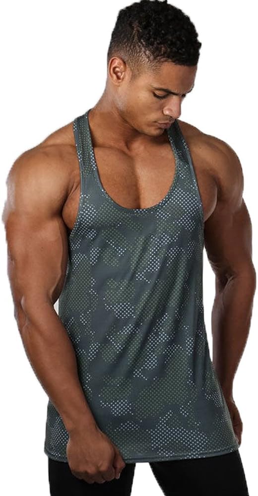 Men Bodybuilding Gym Muscle Sleeveless Tank Top Workout fitnees Quick-Drying Vest T-Shirt Size M-XXL (L, Amry Green)