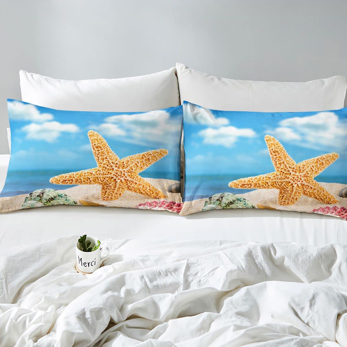Ocean Beach - Set copripiumino in 100% cotone per letto king size, in microfibra costiera, per bambini, ragazzi, ragazze, stelle marine, conchiglie di corallo, per camera da letto, motivo onde del