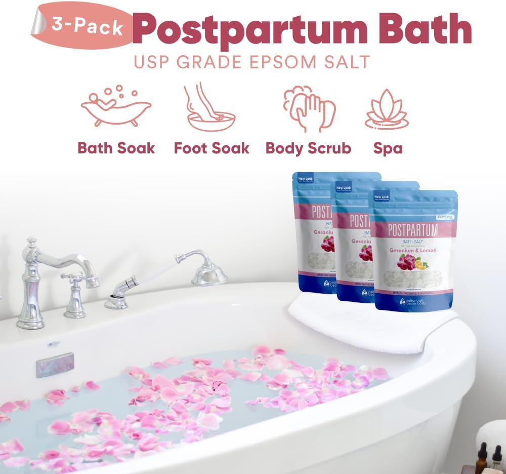 Postpartum Bath Salt (3 Pack) Postpartum Bath Soaks USP Grade Epsom Salt with Pure Essential Oils in BPA Free Pouch with Press Lock Seal Made in USA Three 2 Lbs Pouches 6 Lbs Total