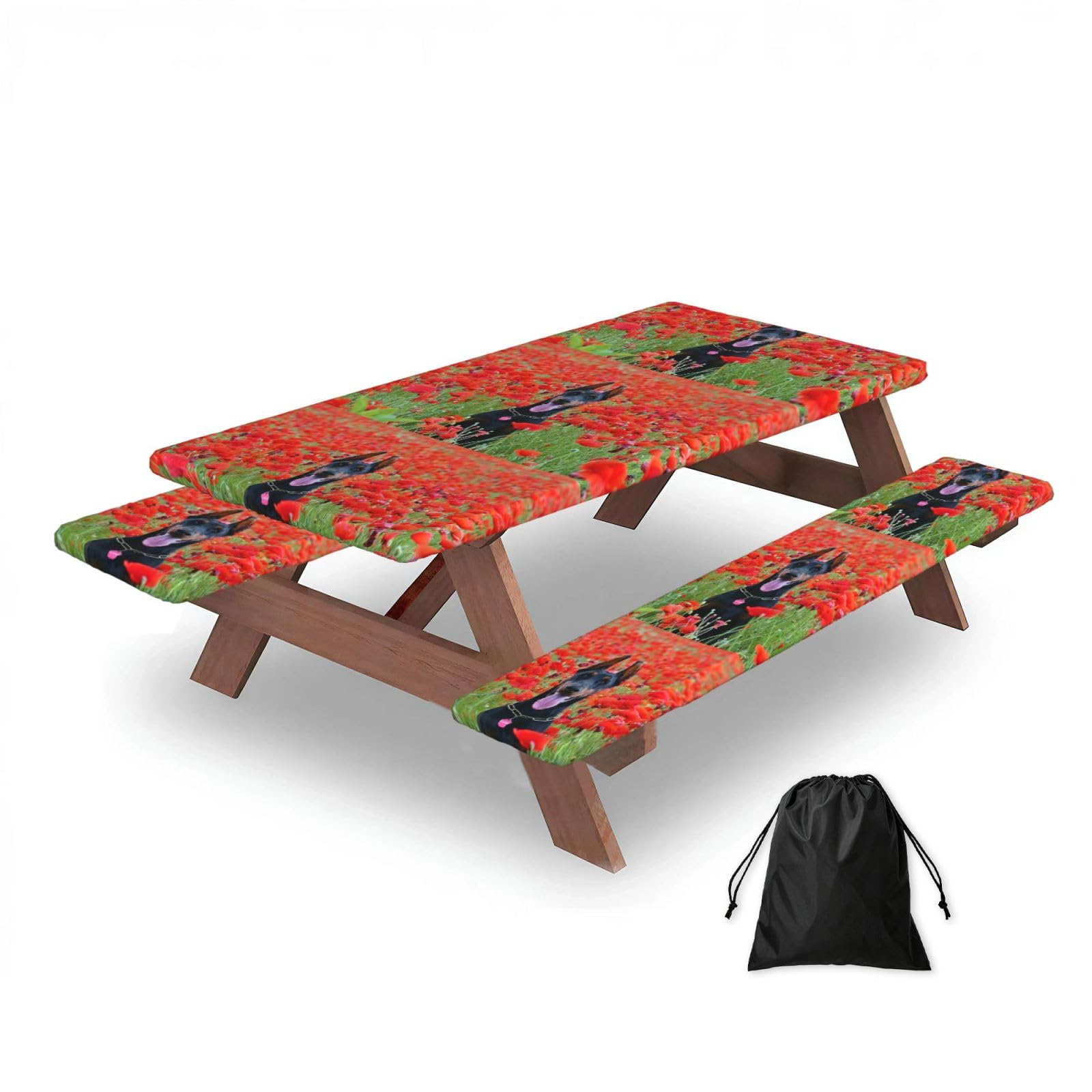 Doberman Pinscher In The Flower, Picnic Table Cover With Bench Covers -Waterproof Elastic Fitted Tablecloth for Garden Camping Patio 76x152cm