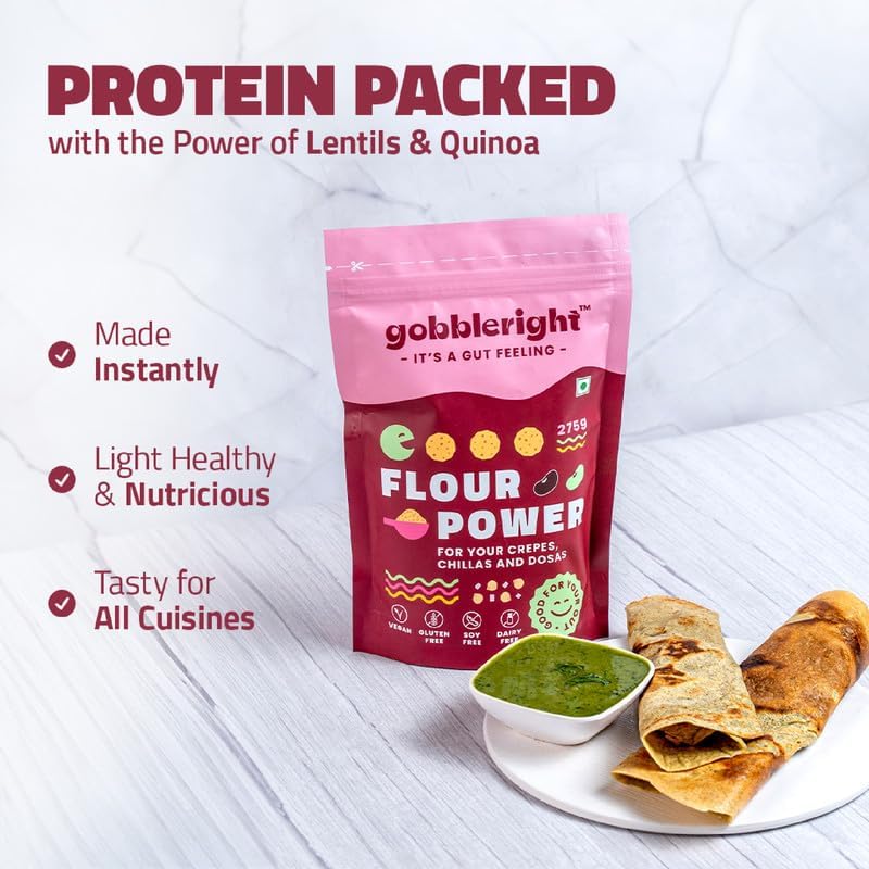 GOBBLERIGHT Lentils & Millet Instant Chilla Dosa Premix (275g - Pack of 1) | Healthy 22.2g Protein & Fiber Rich Vegan Breakfast | Black Gram Powder & Green Moong Dal Flour Batter | Gluten Free & Vegan 4