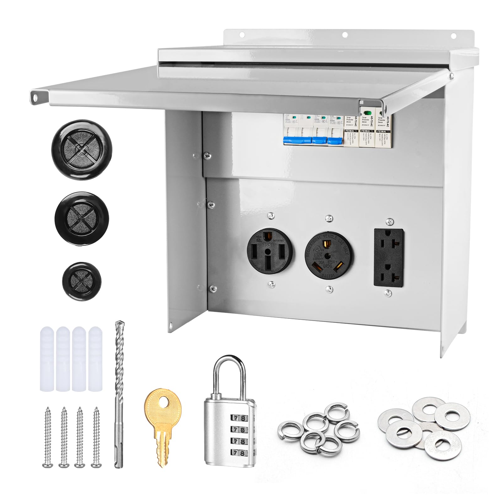 RV Charging Pile Temporary Power Outlet Panel - with 20/30/50A 125/250V RV Outlets & 3 Breakers & 3 Surge Protective Devices Pre-Wired Weatherproof Box - Suitable for Campervan Caravan RV