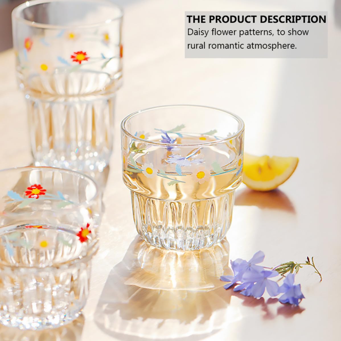 Vaso de Cristal Estilo Pastoral Margaritas, 4 Piezas Blanco | Borde Liso, Trabajo Meticuloso, Uso Múltiple, Escena para Cafetería y Restaurante, Forma Redonda