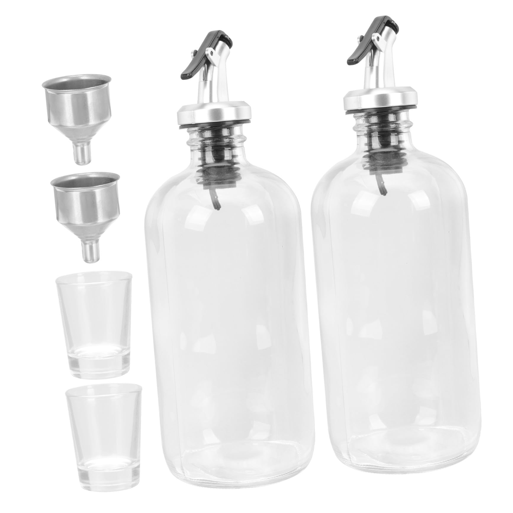 Mundwasserspender aus Glas und Edelstahl 500ml, 2 Stück | Trichter Plus Mundbecher im Lieferumfang, Geeignet für Zuhause, Hotel, Glatt Poliert, Klassisch Elegant