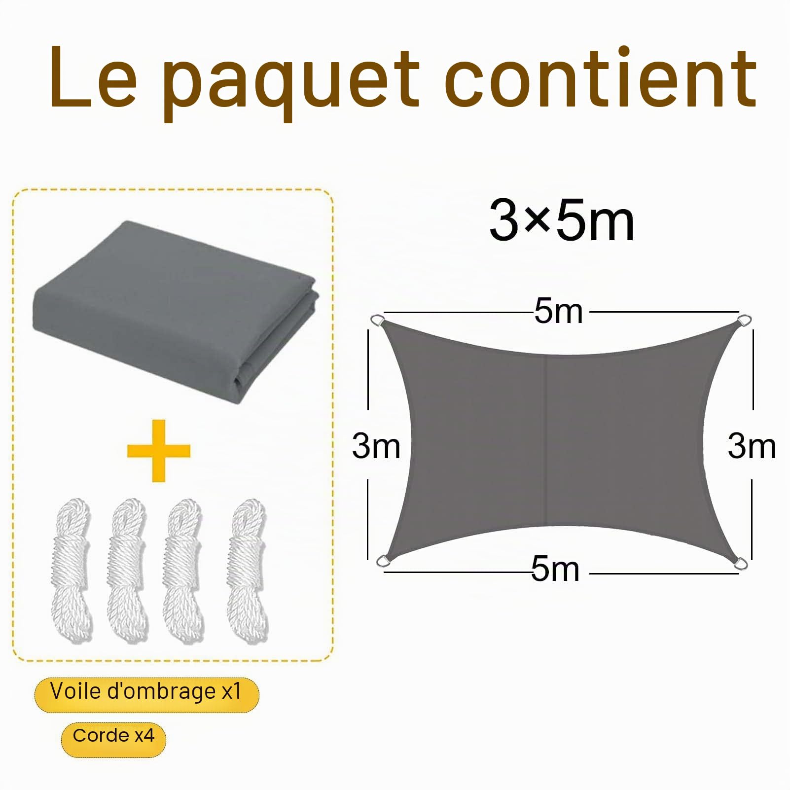 Sunal Voile d'ombrage rectangulaire 3x5m,Polyester PES imperméable,Protection avec Cordes de Fixation, Gris