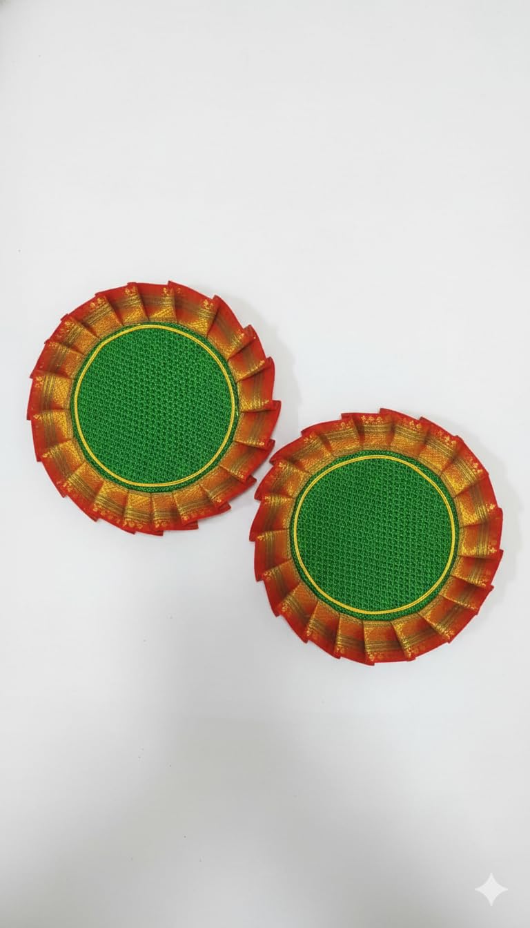 Khan Fabric Samai Āsan (Set of 2) | 9-Inch Round Pooja Mat with Frilled Lace | Washable & Durable | Elegant Traditional Design for Mandir, Diya, Pooja Thali & Home Decor(Green)-image-9