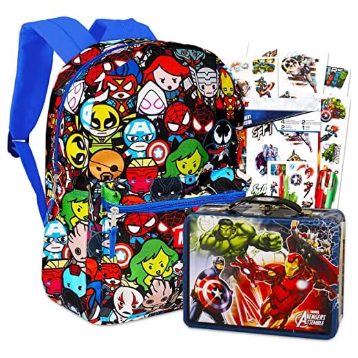 Marvel Avengers Backpack Set - 6 Piece Marvel Superhero School Backpack Bag Set with Snack Box, Pen, Bookmark, Stickers and More (Marvel School Supplies)