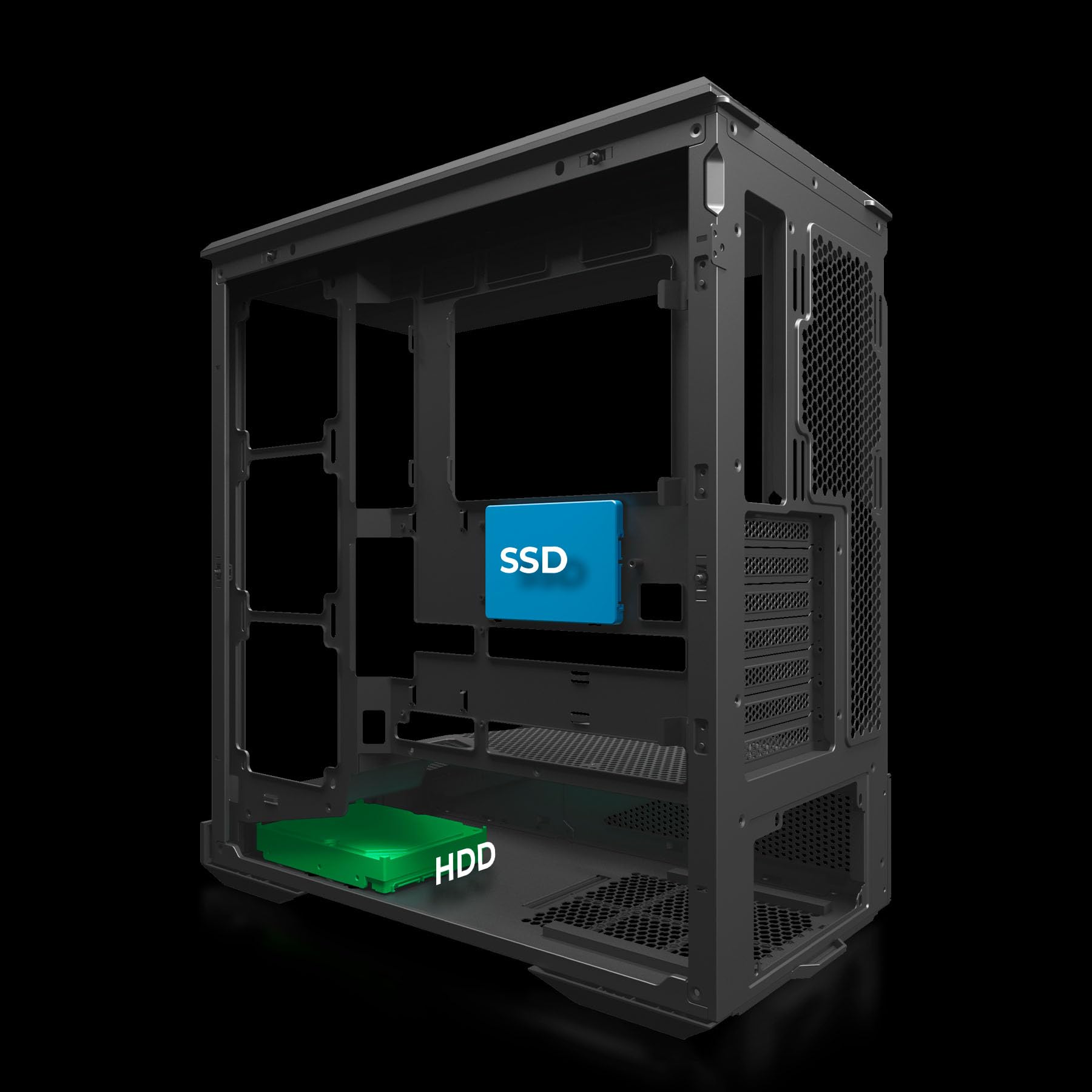 Abysm Gaming Arian Frame A400 – Torre ATX Gaming con telaio inclinato, 4 ventole ARGB PWM, vetro temperato, supporto GPU 420 mm, USB Type-C, raffreddamento liquido 360 mm – scatola PC Gamer nera