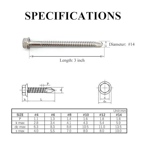 Miniatura 2 de Tornillos autoperforantes con cabeza hexagonal de arandela #14 x 3 (1 a 3 pulgadas), acero inoxidable 410, tornillos Tek de chapa autorroscantes, 25