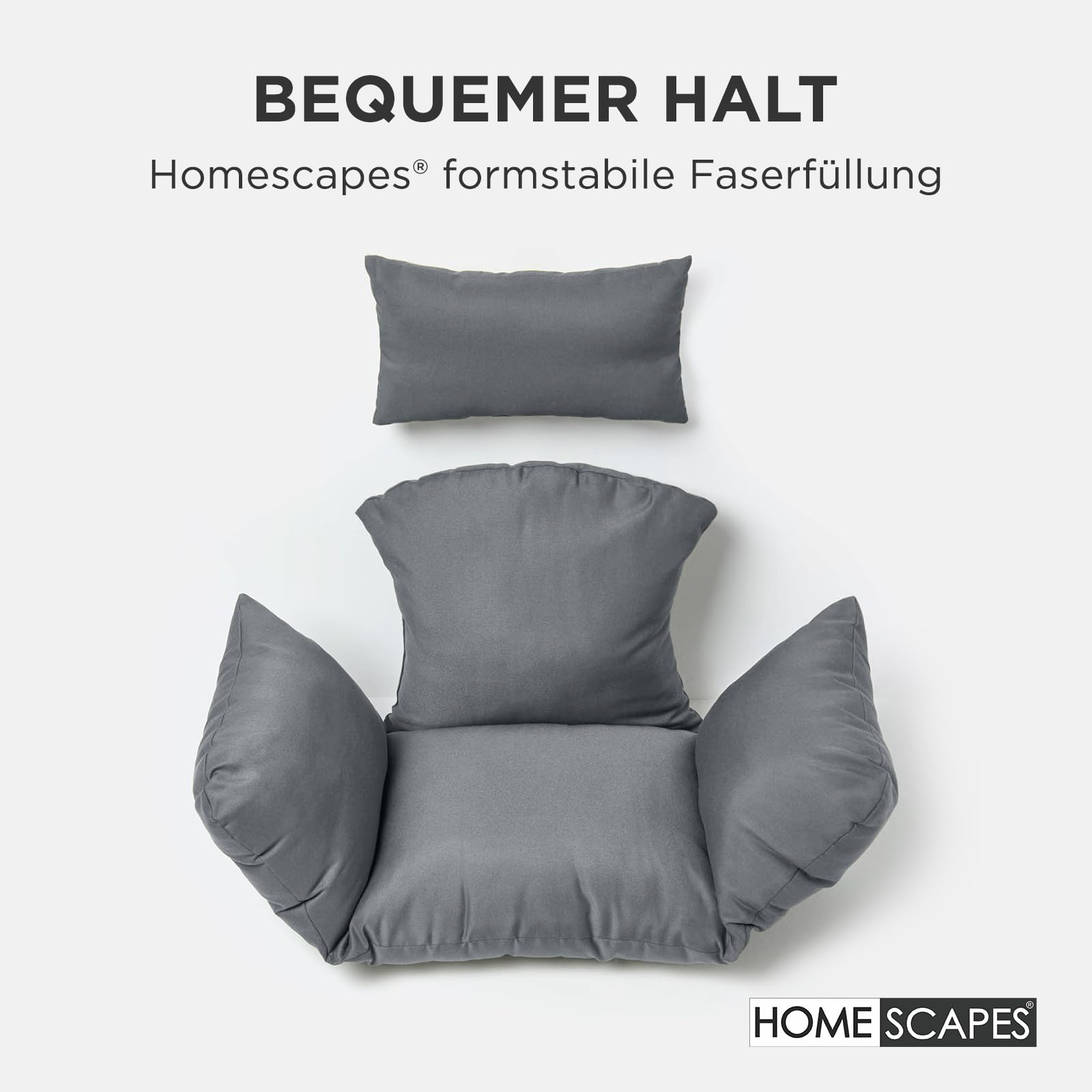 Homescapes Hängesessel-Kissen Outdoor grau mit Kopfstütze, Polster-Auflage für Hängeschaukel, Hängekorb-Stuhl, 2-teilig mit Kopfteil und Bindebändern, weich & wetterfest