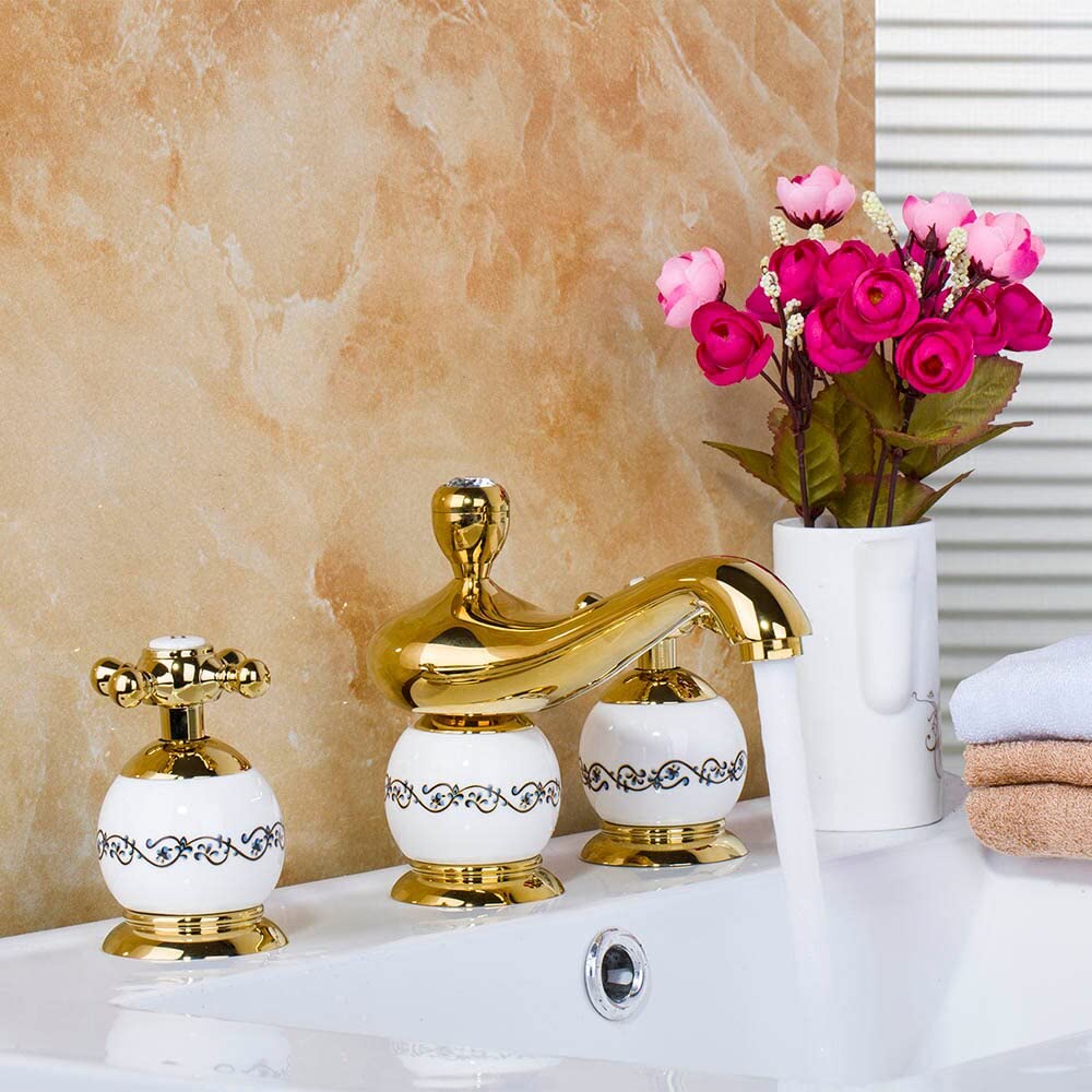 Robinet douche salle de bains doré mélangeur 3 pièces pont évier baignoire