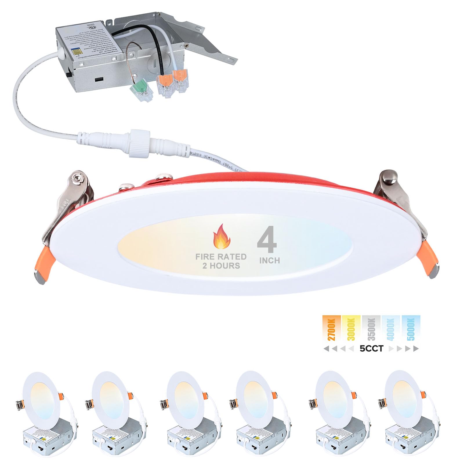 Photo 1 of Wembanma 4-Inch Fire-Rated Recessed Light-5CCT Selectable 2700k/3000k/3500k/4000k/5000k,9W with Junction Box,2 Hours Fire Rated, High Brightness,Dimmable,White,Pack6