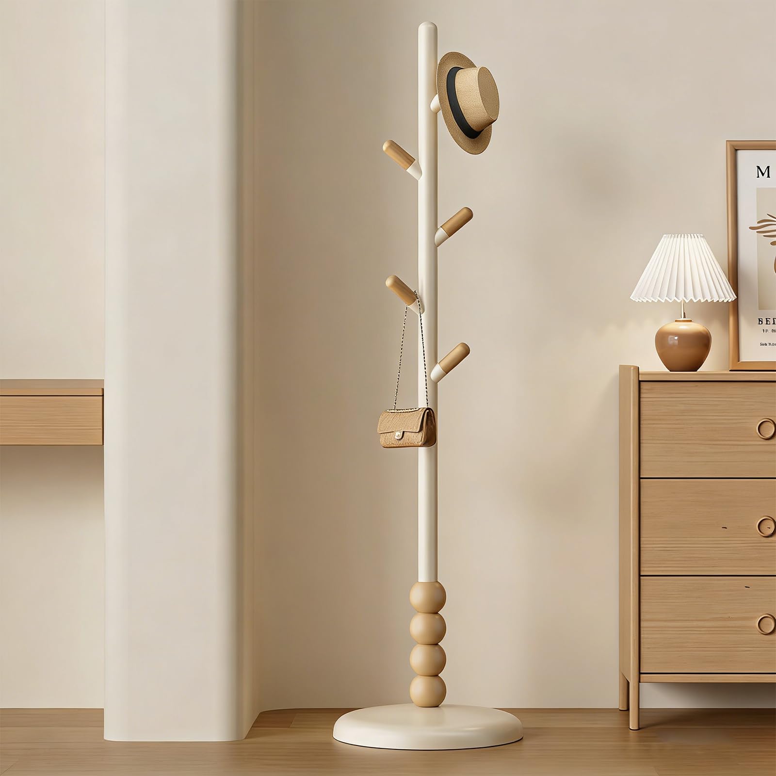 Js Space White-B Freestanding Wooden Hook Coat Rack Stand Sturdy Coat Tree Standing Hanger For Entryway, Bedroom,Hallway,Entrance