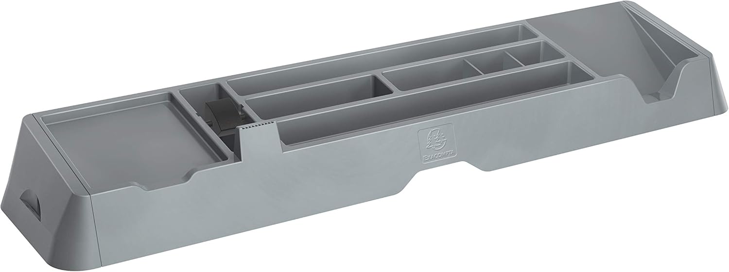 Exacompta - Ref 67038D - Toolbar Office Desk Organiser - 481 x 115 x 56mm in Size, 7 Sections for Organisation, 2 Small Drawers, Cables Pass Underneath - Grey