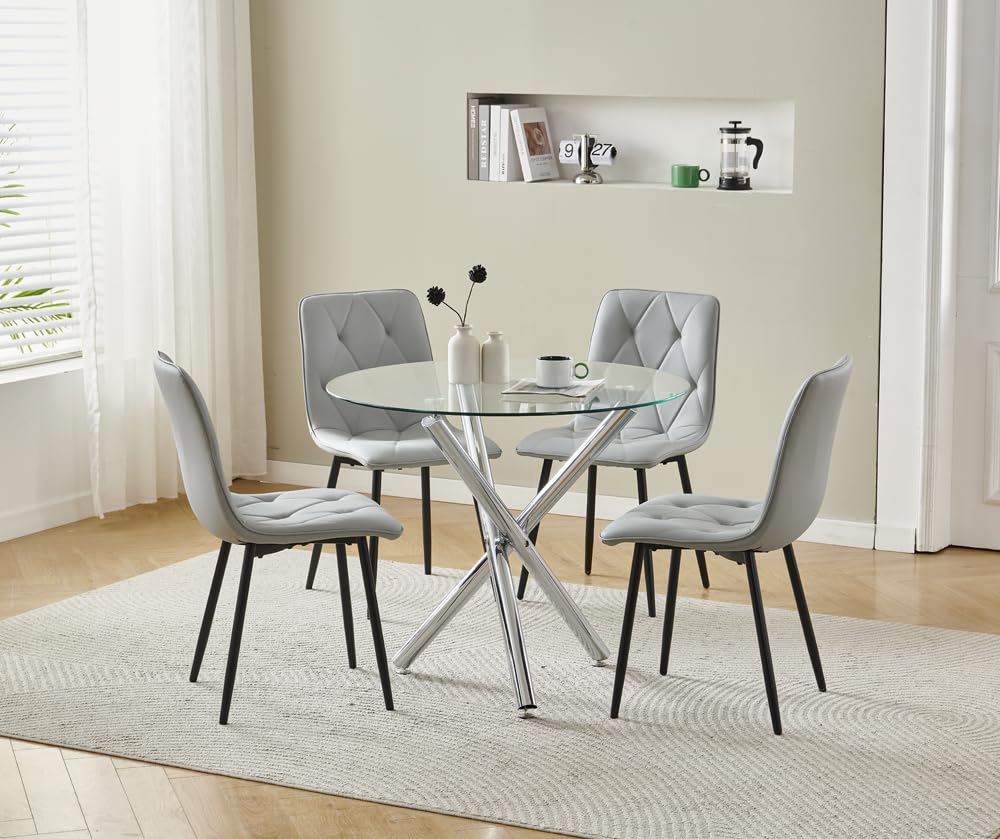 Menaka Round Dining Table and Chairs Set of 4 for Kitchen Diner, 5 Pieces Oak Wood Table with 4 Chairs for Compact Dinette Restaurant (4 argyle grid grey Leather chairs, 90cm Clear Glass Table) โ image 1