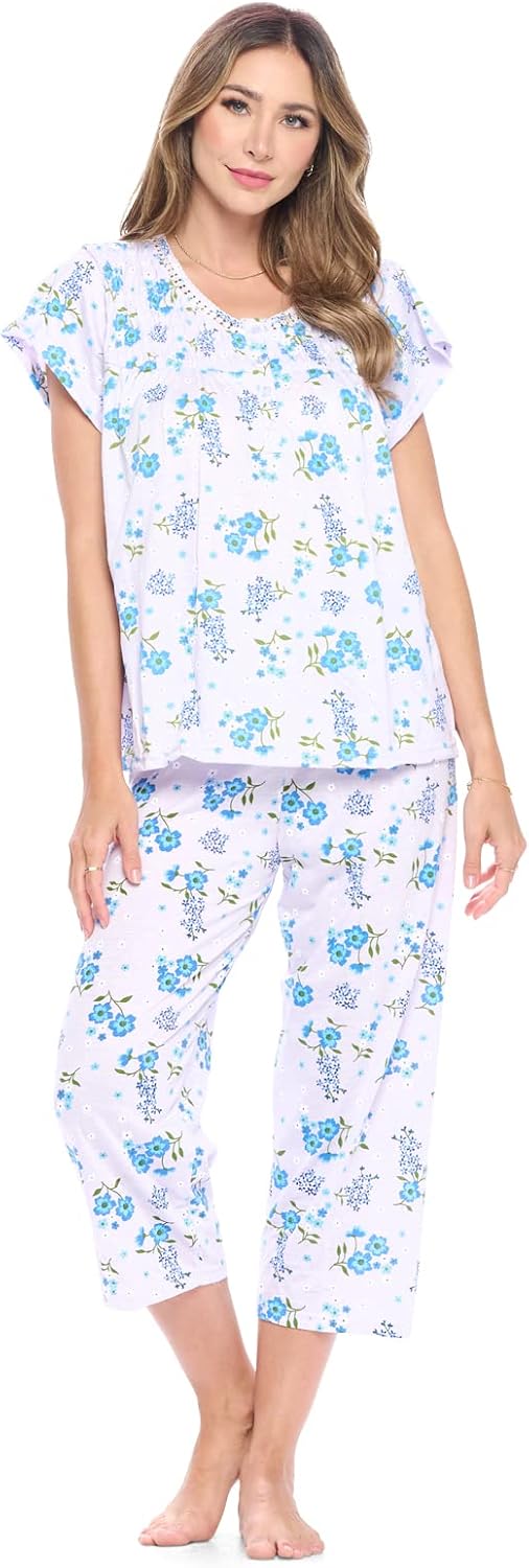 Casual Nights Women's Sleepwear Floral Top & Capri Pants Pajama Set Shirt with Printed Bottom Pjs