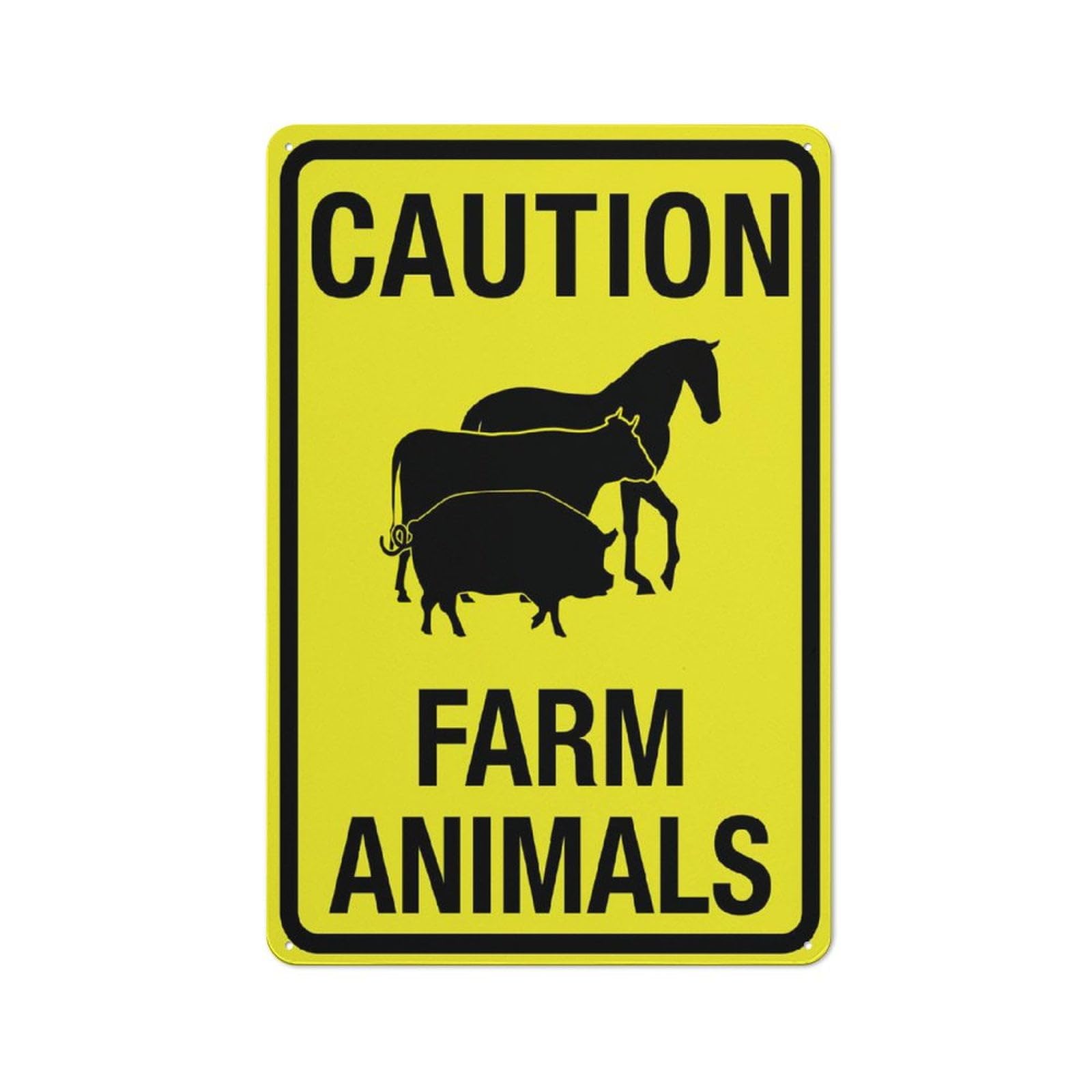 Caution - Farm Animals (Bright Yellow) Sign, 8x12 Inch Aluminum, Pre-Drilled Holes for Easy Mounting, Indoor/Outdoor Use for Fence, Door, Gate
